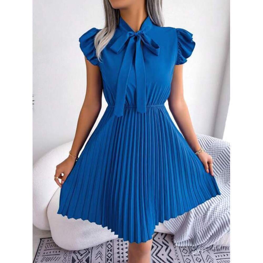 European & American Style Tie Neck Waist Gathered A-Line Pleated Dress